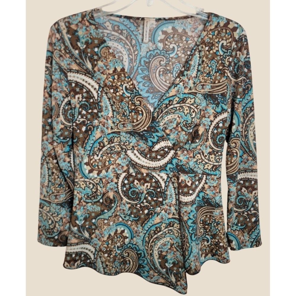 Susan Lawrence Peplum Top Paisley Sequin Faux Wrap Bohemian Career Blue Brown M - Picture 1 of 10